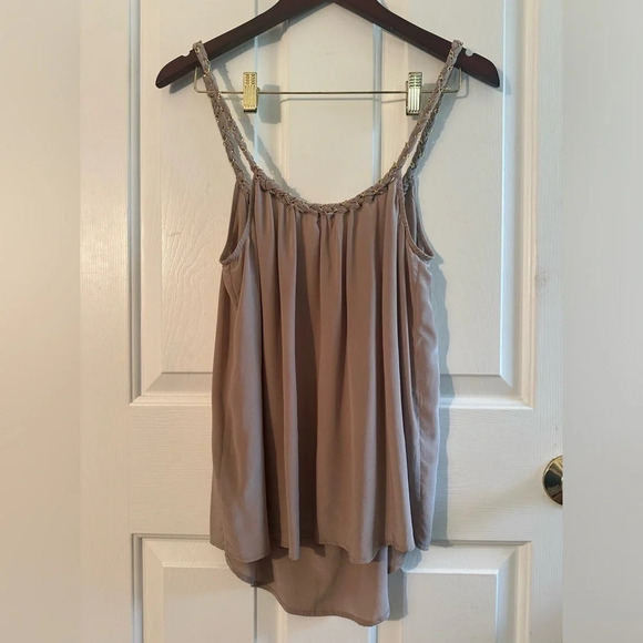 FOUNTYS Anthropologie 100% Silk Taupe Camel Gold Embellished Strap Tank Sz SM - Picture 2 of 10